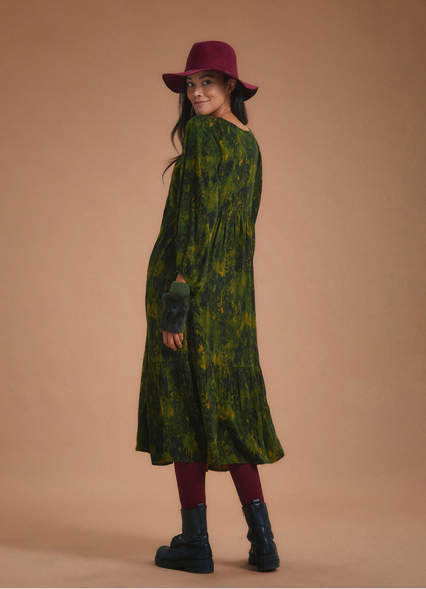 Loose Fit Tiered Long Puff Sleeve Dress